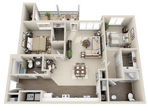River House Apartments Spokane Valley, Washington Two Bedroom Two Bath 3D Floor Plans